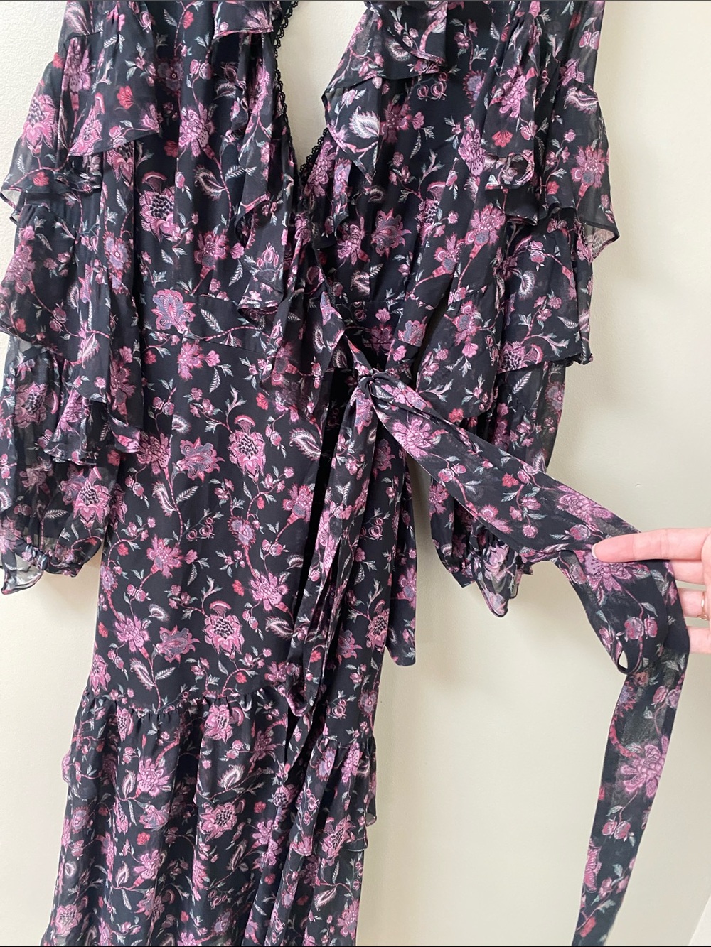 Amur Black Pink Floral Organic Silk Ruffled Dress Size 8 - Picture 5 of 10